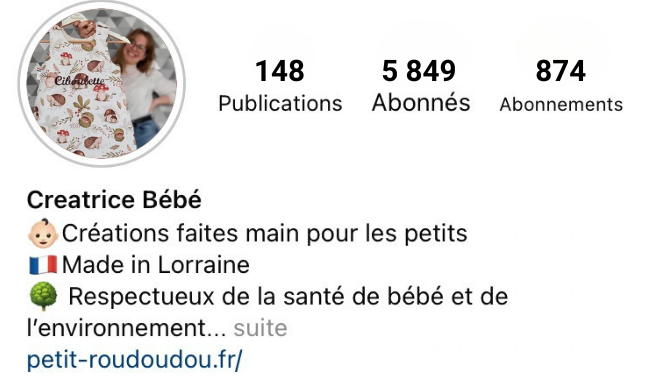 Compte instagram d'une créatrice de couture après mon intervention, 5849 abonnés, image et description travaillées