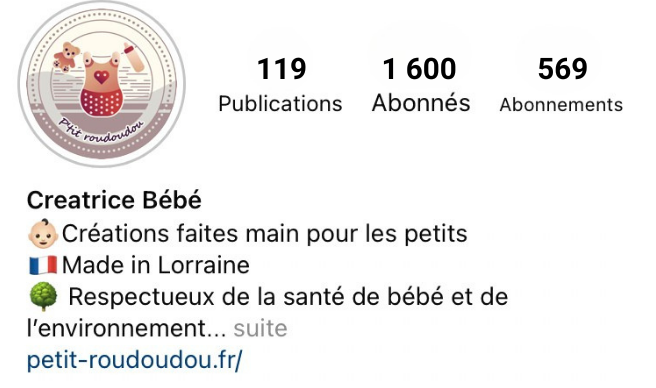 Compte instagram d'une créatrice de couture avant mon intervention, 1600 abonnés, image et description peu travaillées